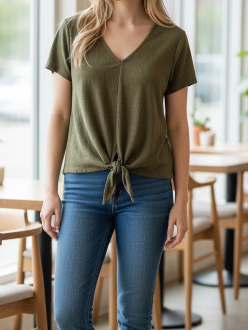 J. Crew Olive Front-Tie V-Neck Short Sleeve Top